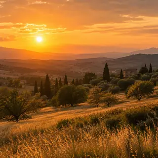 A landscape photograph bathed in golden hour light — long wa