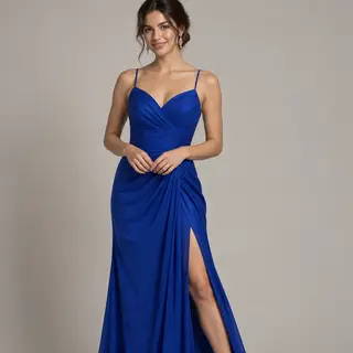 A woman wearing a royal blue evening dress against a neutral