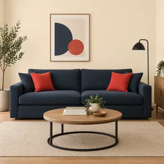 A minimalist room with walls in #F5E6CC (warm cream), a sofa