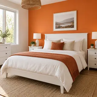 A bedroom wall painted in #FF6B35 (burnt orange) with white 