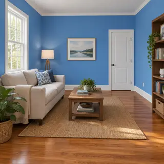 A room with walls in #4A90D9 (medium blue) with warm wooden 