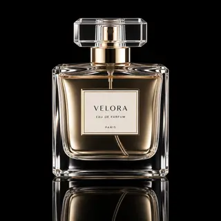A clear glass perfume bottle on a reflective black surface w