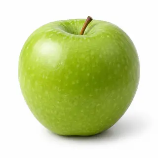 A ripe green apple on a seamless white background with soft 