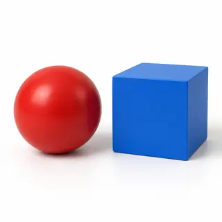 A red ball and a blue cube sitting side by side on a white s