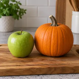 A green apple and an orange pumpkin on a wooden cutting boar