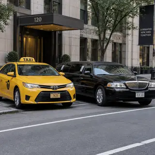 A yellow taxi and a black limousine parked next to each othe