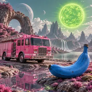 A pink fire truck, a blue banana, and a green sun in a surre