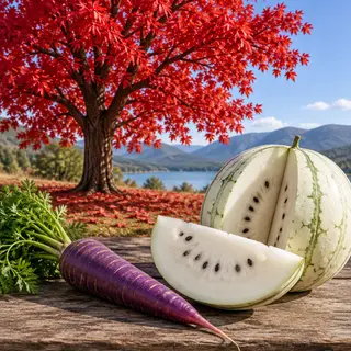 A purple carrot, a red tree with red leaves, and a white wat