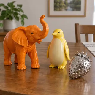 An orange elephant, a yellow penguin, and a silver strawberr