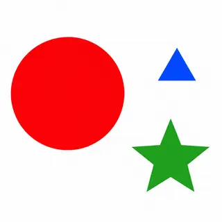A large red circle, a small blue triangle, and a medium gree