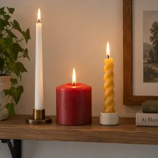 A tall thin white candle, a short fat red candle, and a medi