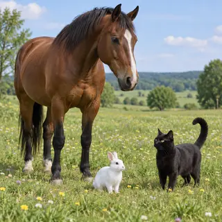 A big brown horse, a small white rabbit, and a medium-sized 