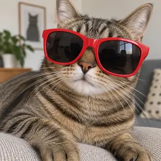 A tabby cat wearing oversized red sunglasses