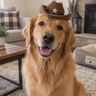 A golden retriever wearing a tiny cowboy hat