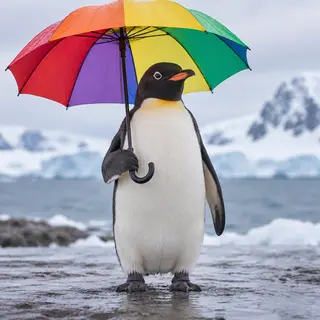 A penguin holding a colorful umbrella