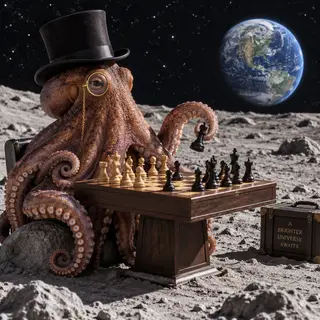 An octopus wearing a top hat and monocle playing chess on th