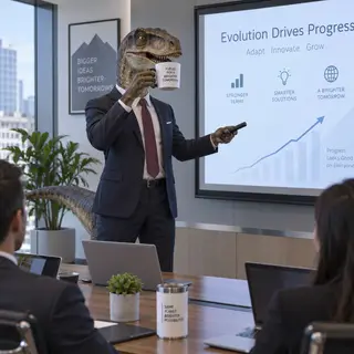 A dinosaur in a business suit giving a PowerPoint presentati