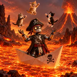 A robot dressed as a pirate sailing a paper boat on a lake o