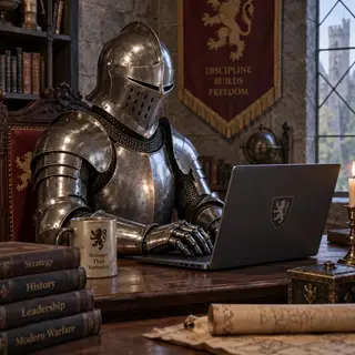 A medieval knight in full armor sitting at a desk typing on 