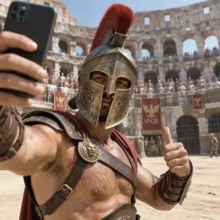 A Roman gladiator taking a selfie with a smartphone in the C