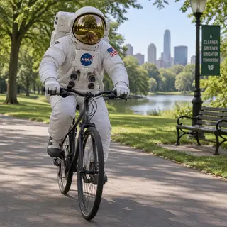 An astronaut in a spacesuit riding a bicycle through a park