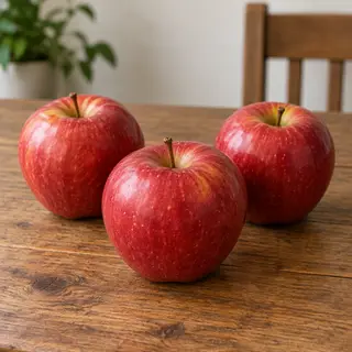 Exactly 3 red apples arranged on a wooden table
