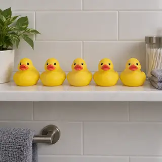 Exactly 5 yellow rubber ducks sitting in a row on a bathroom