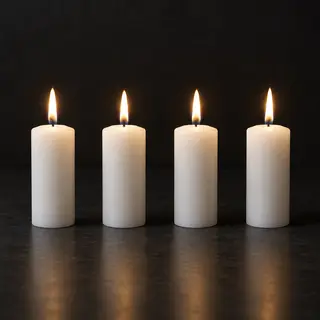 Exactly 4 white candles standing on a dark surface