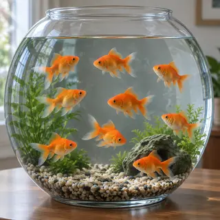 Exactly 9 goldfish swimming in a large round fishbowl
