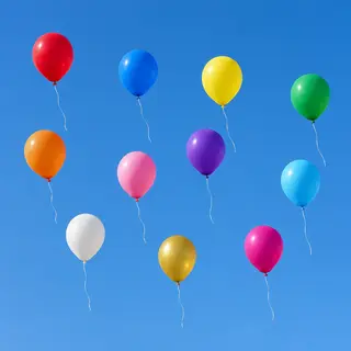 Exactly 11 colorful balloons floating against a clear blue s