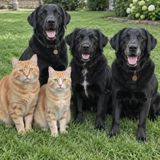 2 orange cats and 3 black dogs sitting together on a grassy 