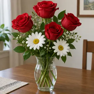 4 red roses and 2 white daisies in a glass vase on a table