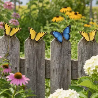 1 blue butterfly and 3 yellow butterflies resting on a garde