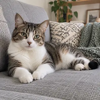 A cat lying on a couch without a collar