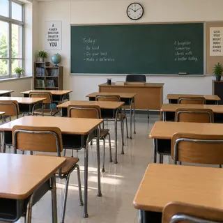 A classroom with desks and a chalkboard but no students