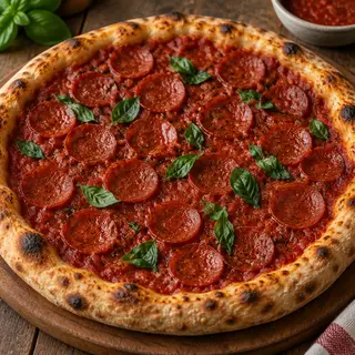 A pepperoni pizza with tomato sauce, basil, and crust but ab