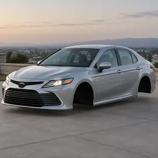 A car body with windows, doors, and headlights but no wheels