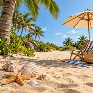 A sandy beach with palm trees, seashells, and a beach umbrel