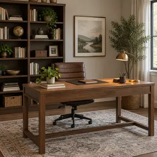 An office workspace with a desk, chair, bookshelf, and lamp 