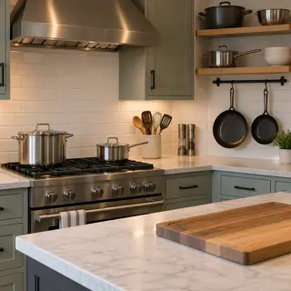 A kitchen with pots, pans, a stove, and a cutting board but 