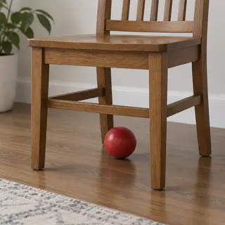 A red ball underneath a wooden chair