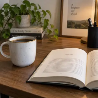A coffee mug next to an open book on a desk
