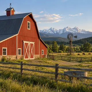 A landscape with a red barn in the foreground at large scale