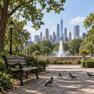 A city park with a park bench and pigeons in the foreground,