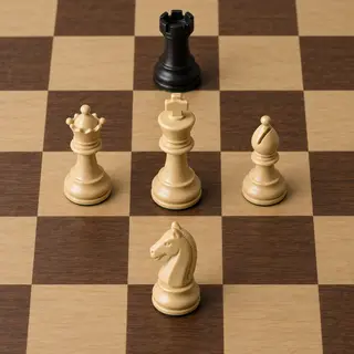 Five chess pieces on a board: a king in the center, a queen 