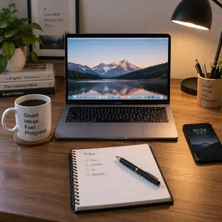 A desk scene: laptop in the center, coffee mug to the left, 