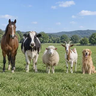 Five animals in a field: a horse on the far left, a cow to t