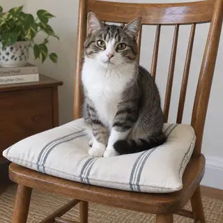 A cat sitting on a pillow, the pillow placed on a wooden cha