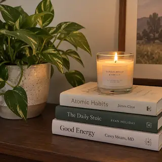 A candle on top of a stack of books, the books next to a pot
