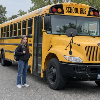 A person standing next to a yellow school bus, showing reali